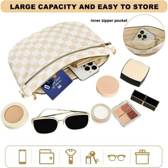 Checkered Beige White Crossbody Bag for Women, Stylish & Lightweight - Picture 3 of 7